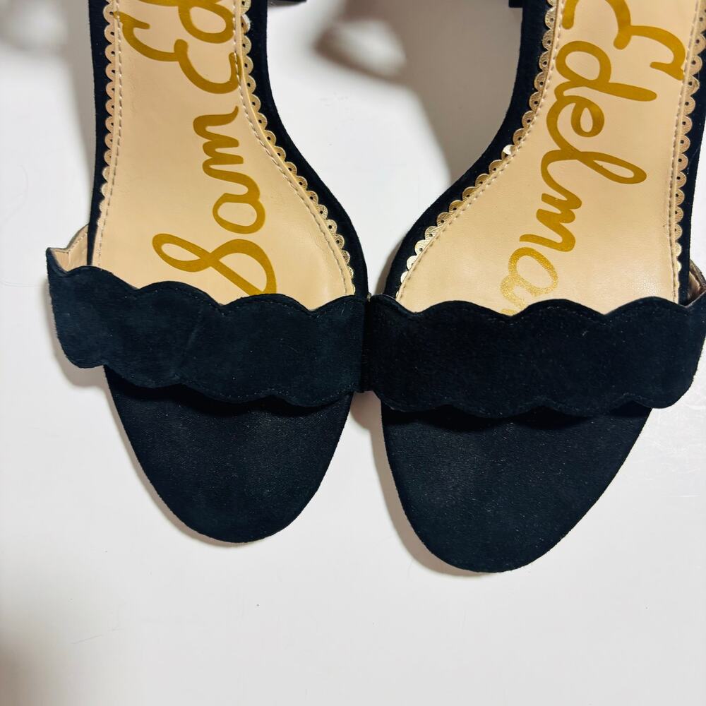Sam Edelman Suede Scalloped Block Heel Sandals – Black Ankle Strap Heels - Picture 6 of 9